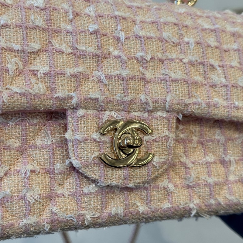 CHANEL 香奈兒24P粉色毛呢手柄CF mini 晶片款-15