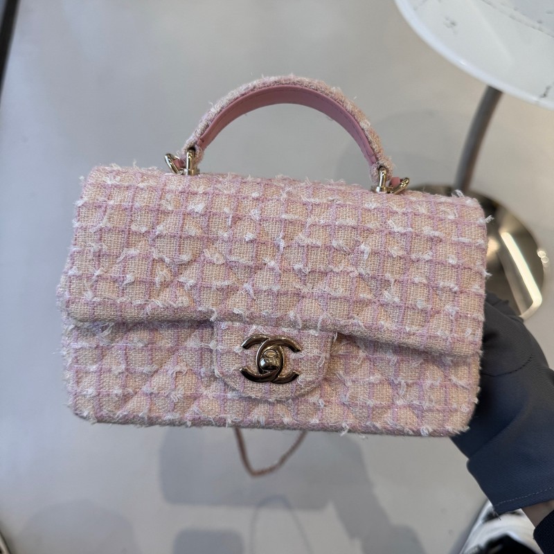 CHANEL 香奈兒24P粉色毛呢手柄CF mini 晶片款-16