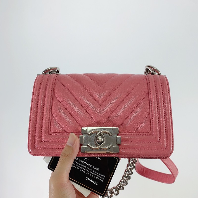 Chanel 粉色銀鏈 荔枝皮 leboy 小號 肩背包斜背包-0