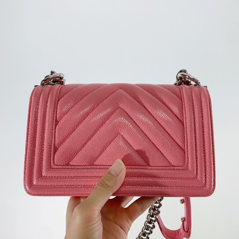 Chanel 粉色銀鏈 荔枝皮 leboy 小號 肩背包斜背包-2