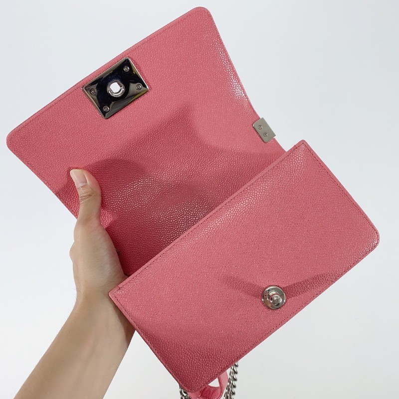 Chanel 粉色銀鏈 荔枝皮 leboy 小號 肩背包斜背包-6