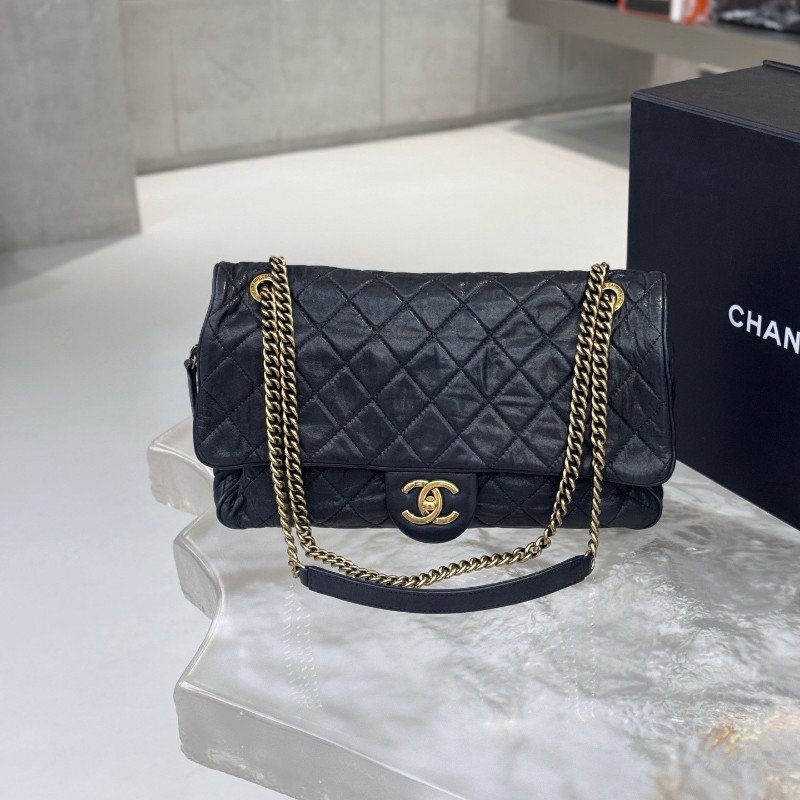Chanel CF孟買口蓋包黑色肩背包斜背包 底長30cm-0