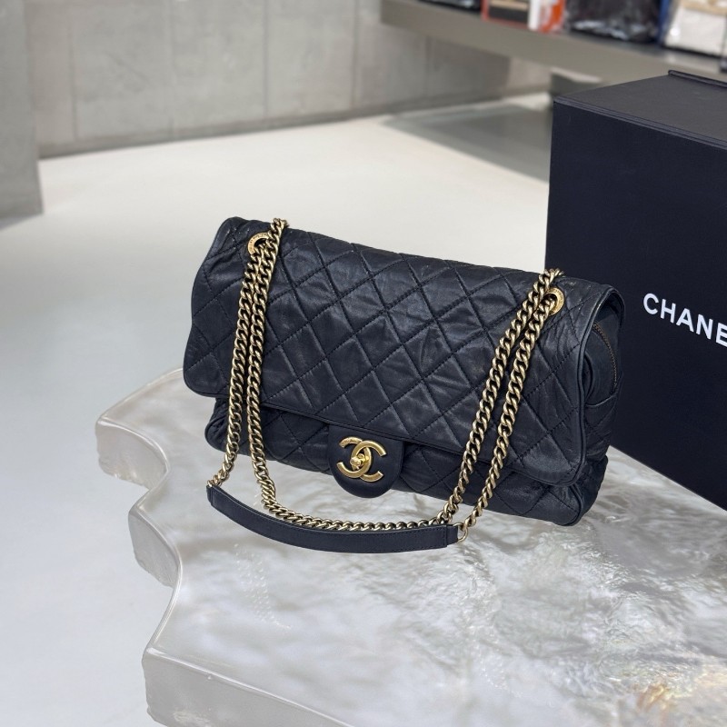 Chanel CF孟買口蓋包黑色肩背包斜背包 底長30cm-1