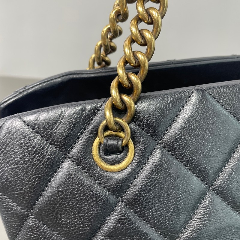 Chanel/香奈兒 黑金鍊條托特 復古金屬扣 黑色 油蠟皮 肩背包-16