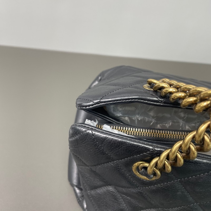 Chanel/香奈兒 黑金鍊條托特 復古金屬扣 黑色 油蠟皮 肩背包-18