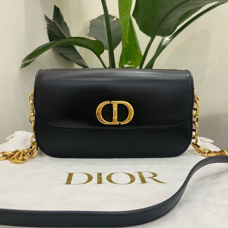 Dior 黑色全皮avenue CD金扣 皮革翻蓋開合手袋斜背包鏈條包-0