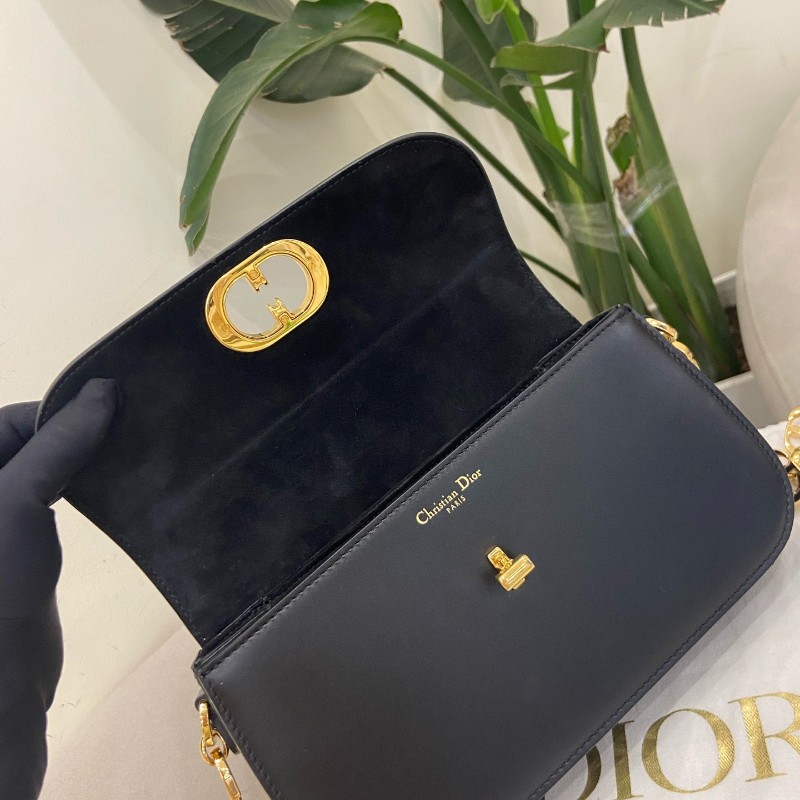 Dior 黑色全皮avenue CD金扣 皮革翻蓋開合手袋斜背包鏈條包-11