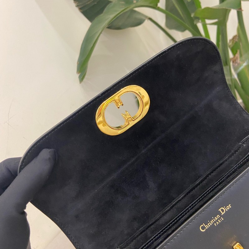 Dior 黑色全皮avenue CD金扣 皮革翻蓋開合手袋斜背包鏈條包-12