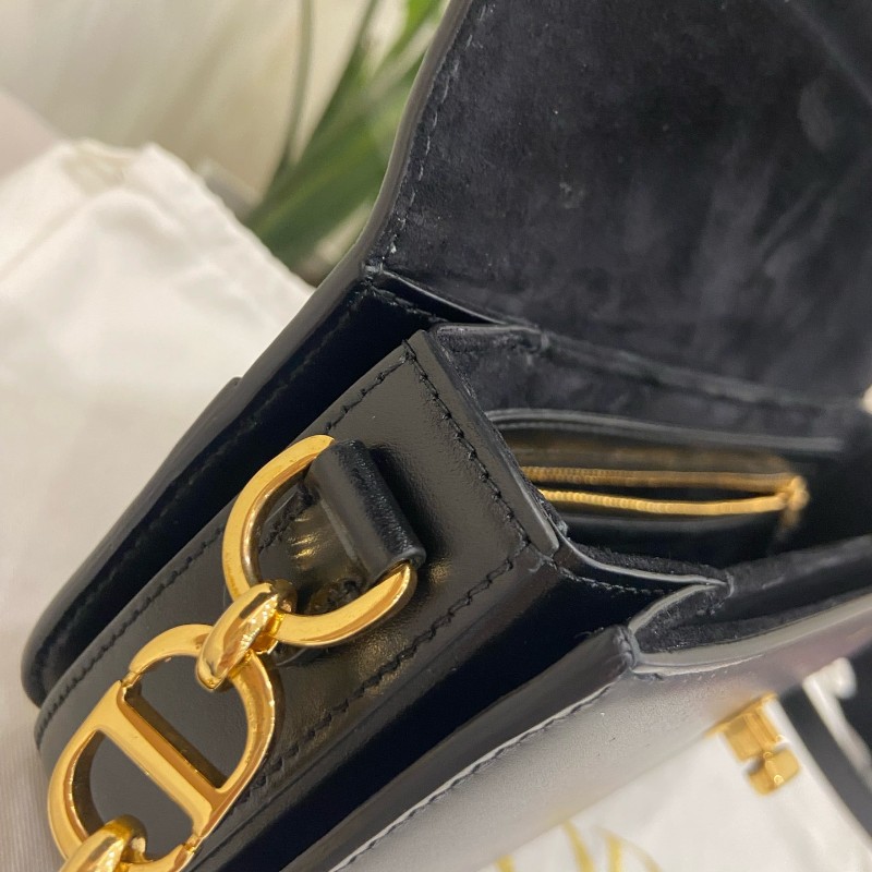 Dior 黑色全皮avenue CD金扣 皮革翻蓋開合手袋斜背包鏈條包-14
