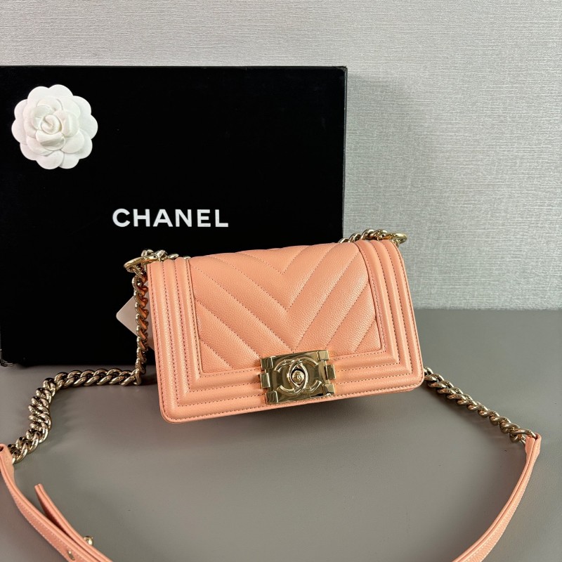 CHANEL LeBoy小號 淡橘色荔枝紋牛皮 肩背包斜背包 晶片款-1