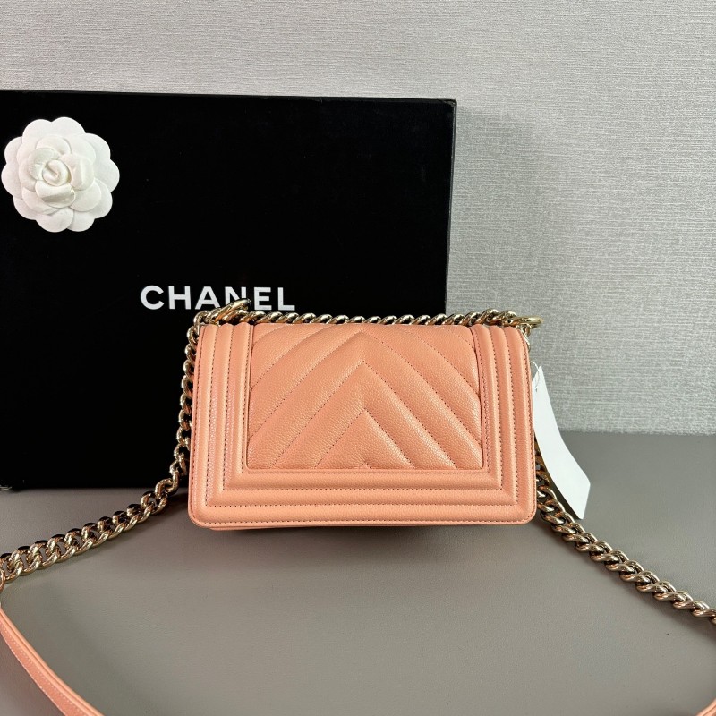 CHANEL LeBoy小號 淡橘色荔枝紋牛皮 肩背包斜背包 晶片款-3