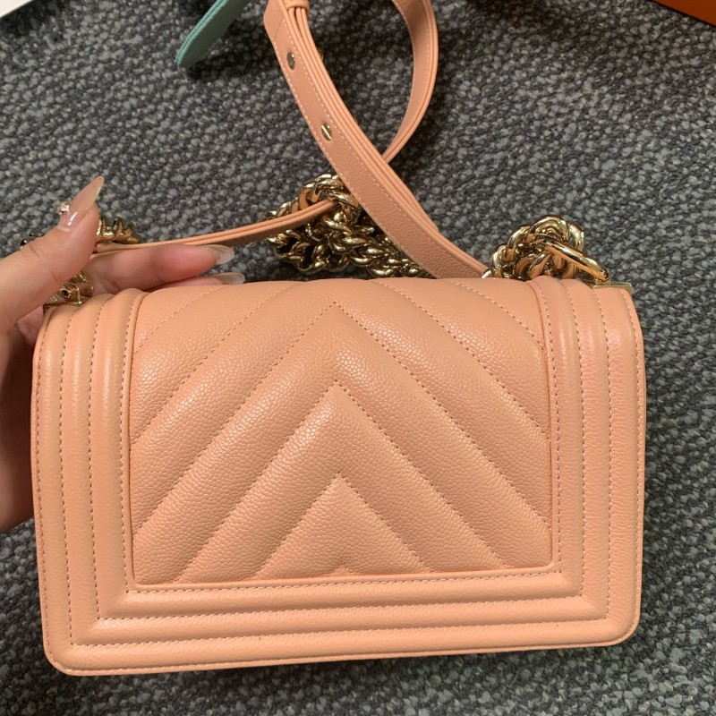 CHANEL LeBoy小號 淡橘色荔枝紋牛皮 肩背包斜背包 晶片款-6