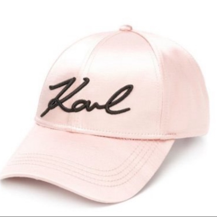 KARL LAGERFELD老佛爺 logo刺繡緞面棒球帽 粉-4
