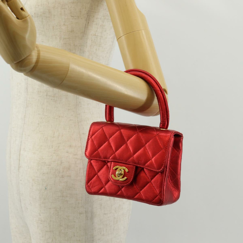 【日本直送】香奈兒 (CHANEL) 絎縫手提包，紅色金色雙C標誌，真品編號 140357M-24