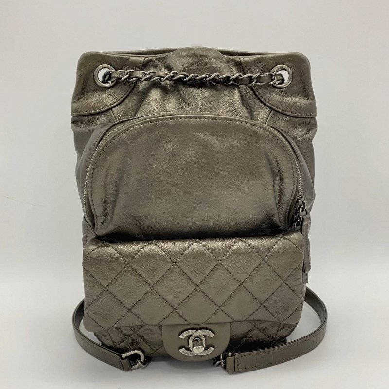 CHANEL古銅色牛皮抽繩後背包20*26*11 98新配件塵袋-2