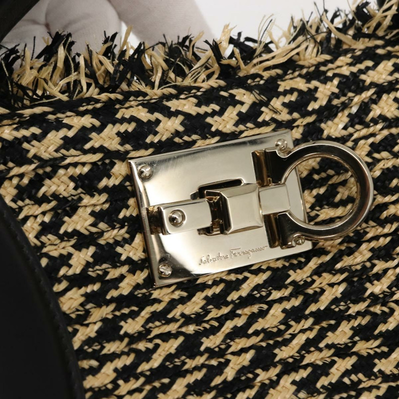 【日本直送】Salvatore Ferragamo Gancini 托特包 拉菲草皮革 黑色 銀色 正品 148033-9