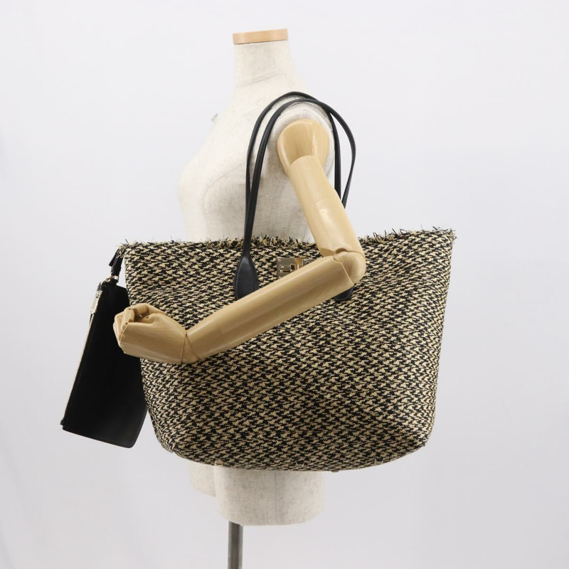 【日本直送】Salvatore Ferragamo Gancini 托特包 拉菲草皮革 黑色 銀色 正品 148033-23