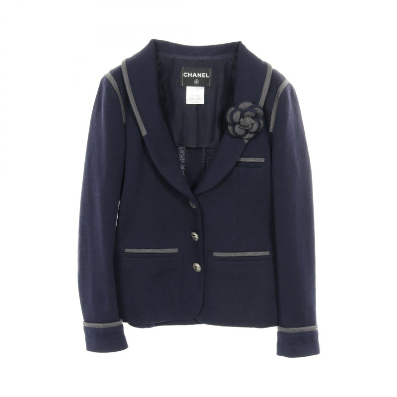 香奈兒 (CHANEL) COCO 標誌紐扣修身羊毛外套 #40 海軍藍灰色 二手女款-0