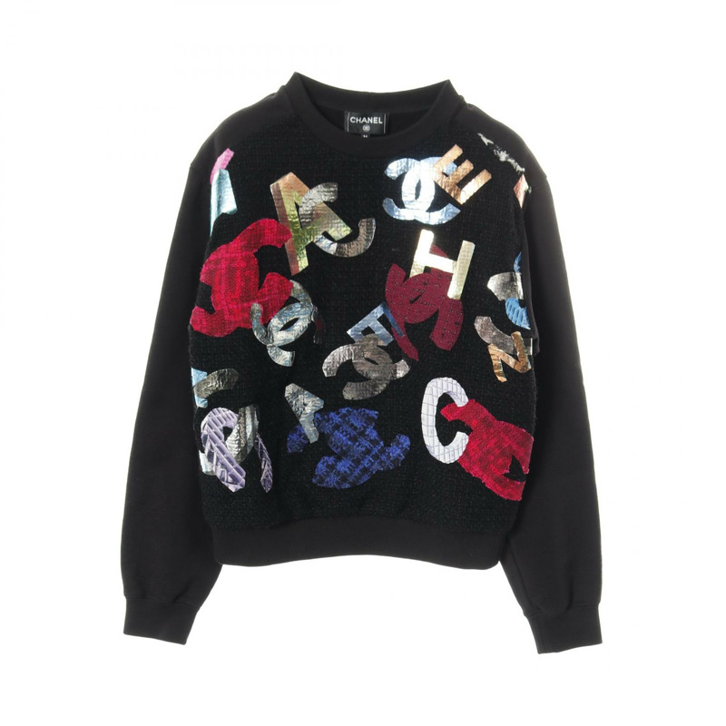 香奈兒 COCO Mark 斜紋軟呢衛衣 #34 套頭衫 P72996K10505 純棉 黑色 二手-0