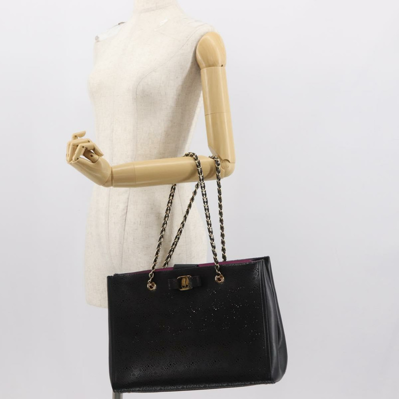 【日本直送】Salvatore Ferragamo Vala 鏈條手提包 皮革 黑色 金色 正品 gh1102-21