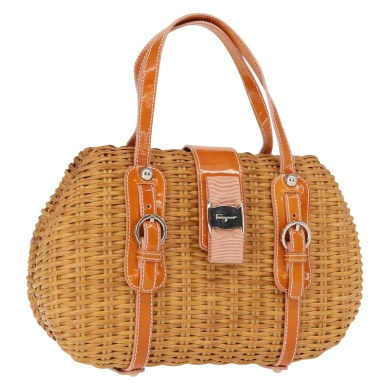 【日本直送】Salvatore Ferragamo Vala 手提包，藤編皮革，棕色銀色，正品 am9489-0