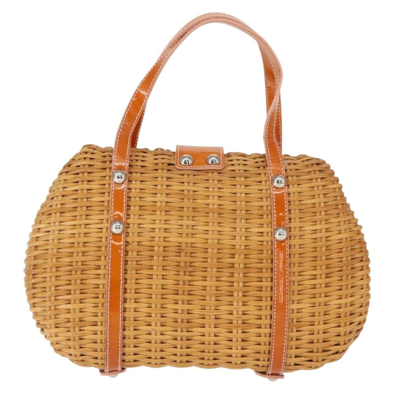 【日本直送】Salvatore Ferragamo Vala 手提包，藤編皮革，棕色銀色，正品 am9489-1