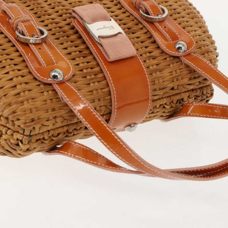 【日本直送】Salvatore Ferragamo Vala 手提包，藤編皮革，棕色銀色，正品 am9489-5