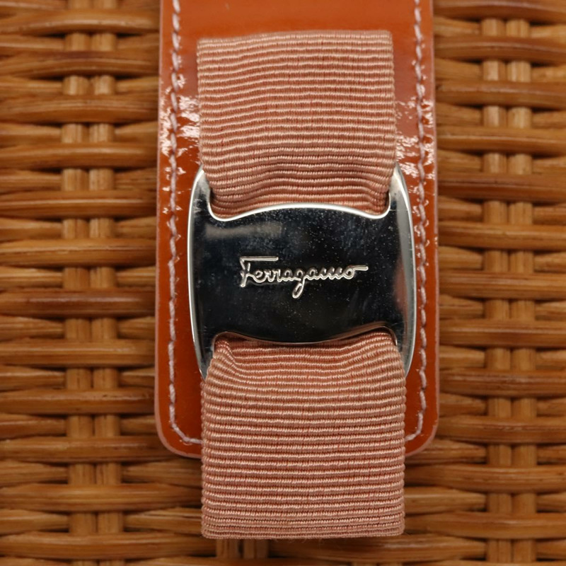 【日本直送】Salvatore Ferragamo Vala 手提包，藤編皮革，棕色銀色，正品 am9489-9