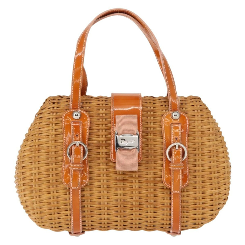 【日本直送】Salvatore Ferragamo Vala 手提包，藤編皮革，棕色銀色，正品 am9489-12