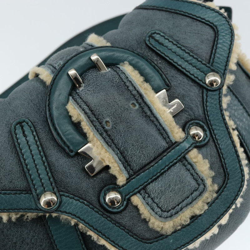 【日本直送】Salvatore Ferragamo Gancini 單肩包 Mouton 綠色 銀色 Auth 146931V-17