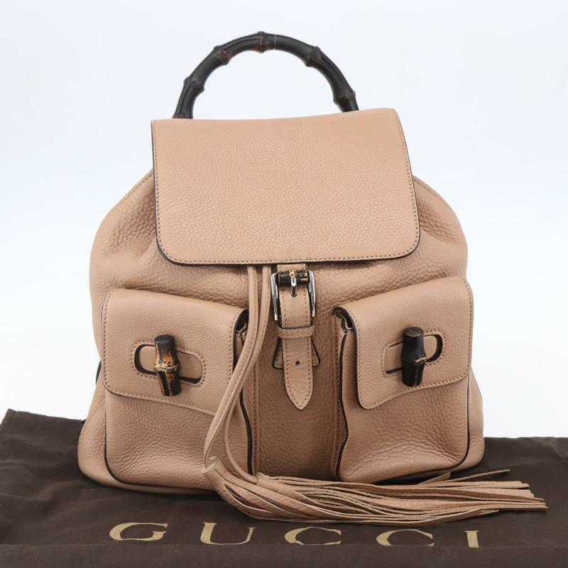 【日本直送】GUCCI 竹節雙肩包 皮革 米色 金色 370833 Auth fm4914-11