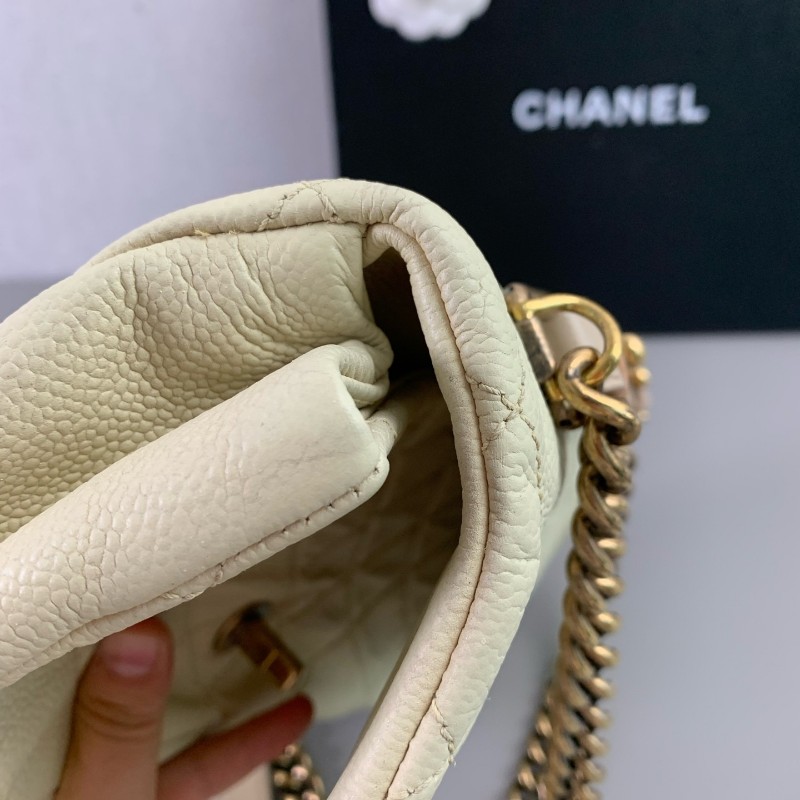 Chanel CF象牙白 金扣 幻彩荔枝紋牛皮口蓋包 斜背包肩背包-14