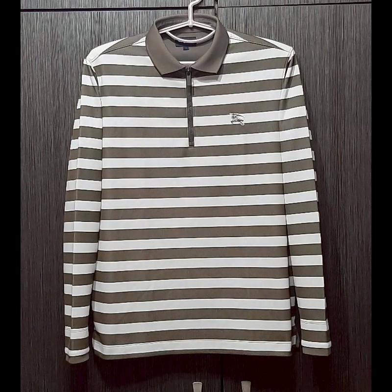 （日本製MIJ）BURBERRY 博柏利 GOLF高爾夫球 戰馬 男綠白條紋拉鍊半開襟彈性長袖上衣3號-0