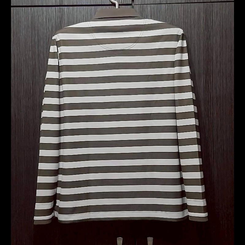 （日本製MIJ）BURBERRY 博柏利 GOLF高爾夫球 戰馬 男綠白條紋拉鍊半開襟彈性長袖上衣3號-1