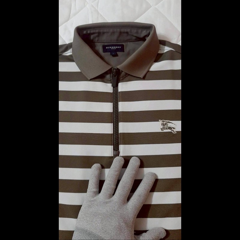 （日本製MIJ）BURBERRY 博柏利 GOLF高爾夫球 戰馬 男綠白條紋拉鍊半開襟彈性長袖上衣3號-2