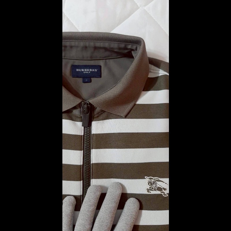 （日本製MIJ）BURBERRY 博柏利 GOLF高爾夫球 戰馬 男綠白條紋拉鍊半開襟彈性長袖上衣3號-4