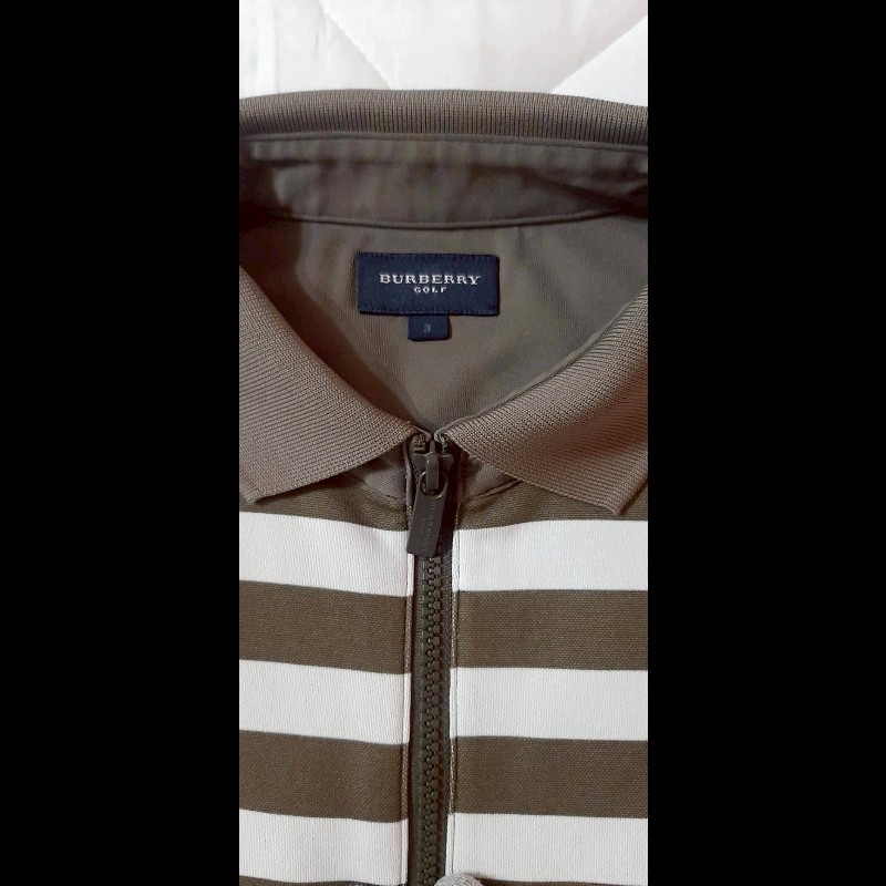 （日本製MIJ）BURBERRY 博柏利 GOLF高爾夫球 戰馬 男綠白條紋拉鍊半開襟彈性長袖上衣3號-7