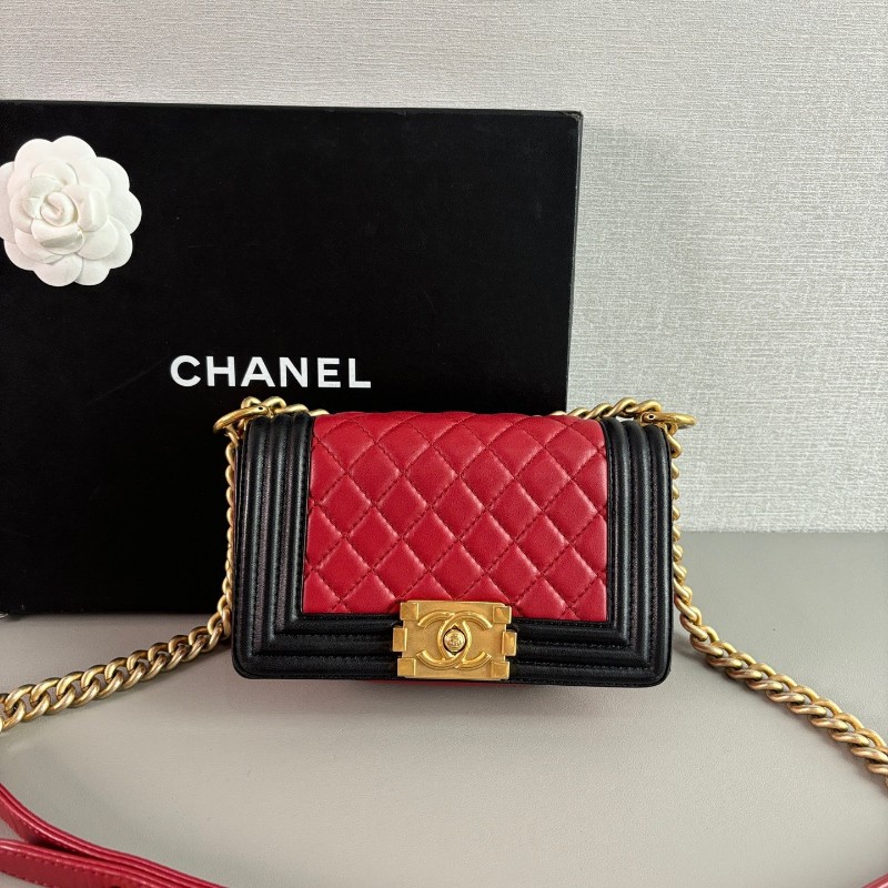 Chanel leboy小號 20cm羊皮金扣酒紅色口蓋包-0