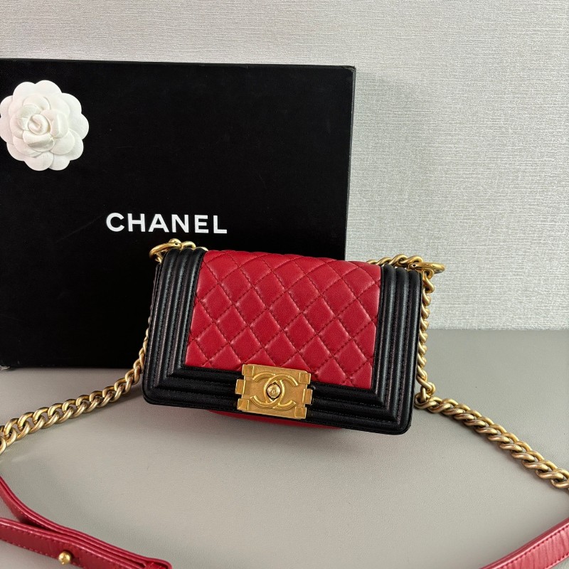 Chanel leboy小號 20cm羊皮金扣酒紅色口蓋包-2