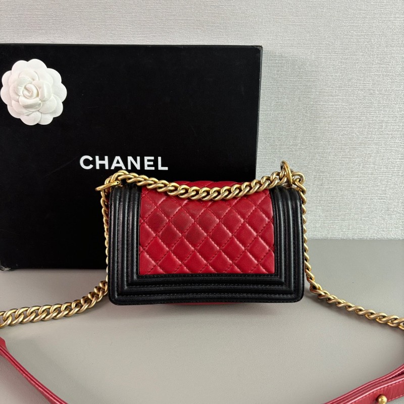 Chanel leboy小號 20cm羊皮金扣酒紅色口蓋包-3