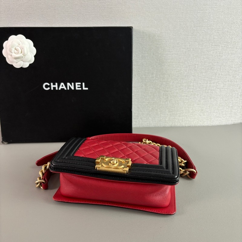 Chanel leboy小號 20cm羊皮金扣酒紅色口蓋包-4