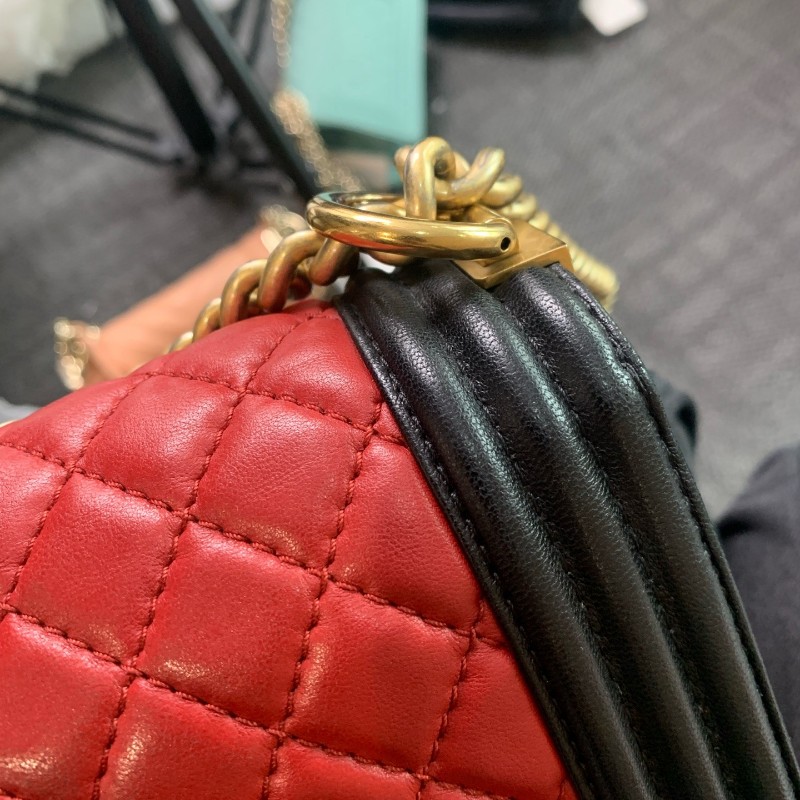 Chanel leboy小號 20cm羊皮金扣酒紅色口蓋包-11