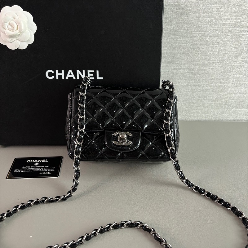 Chanel 香奈兒 黑銀漆皮方胖子肩背包斜背包-0