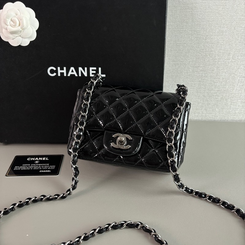 Chanel 香奈兒 黑銀漆皮方胖子肩背包斜背包-2