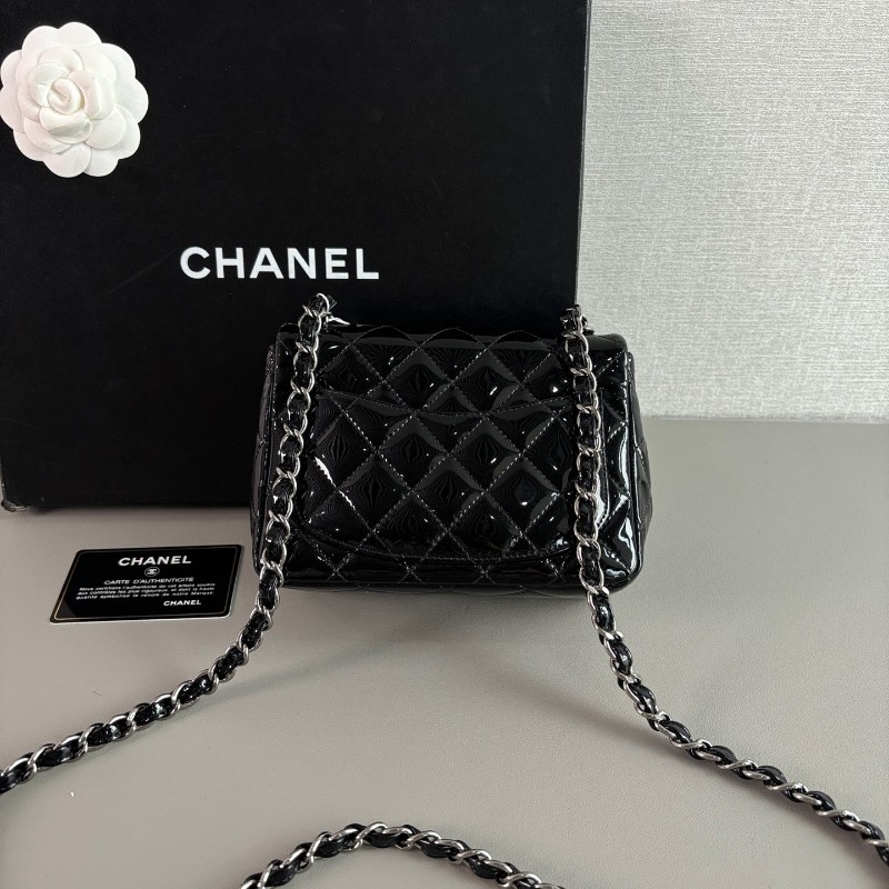 Chanel 香奈兒 黑銀漆皮方胖子肩背包斜背包-3
