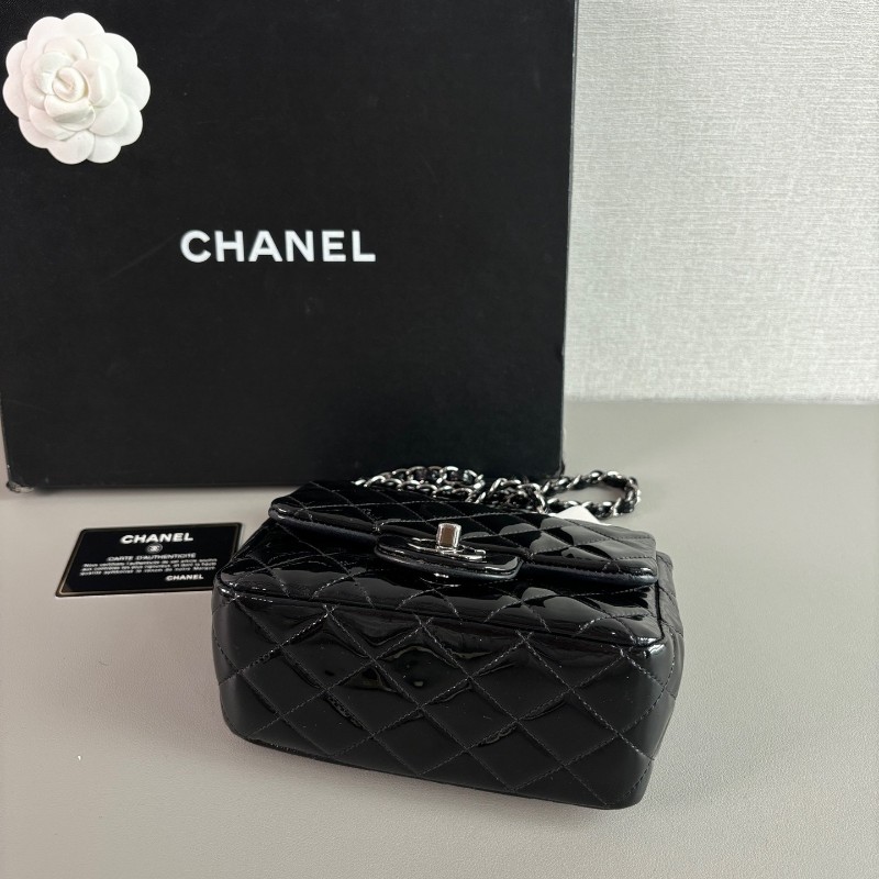 Chanel 香奈兒 黑銀漆皮方胖子肩背包斜背包-4