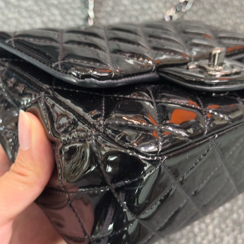 Chanel 香奈兒 黑銀漆皮方胖子肩背包斜背包-8