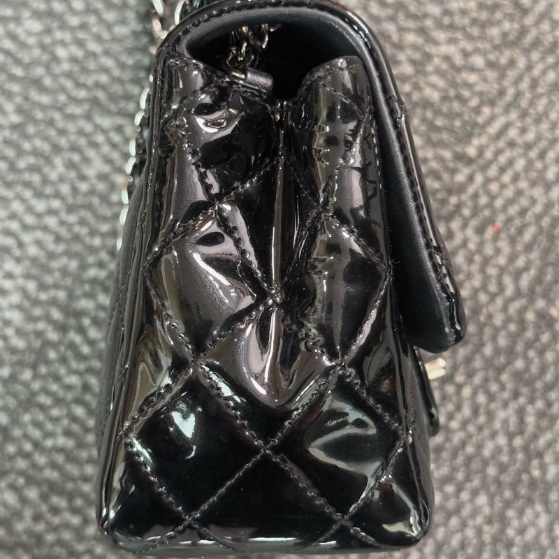 Chanel 香奈兒 黑銀漆皮方胖子肩背包斜背包-9