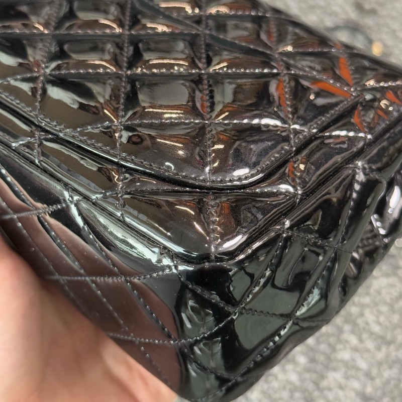 Chanel 香奈兒 黑銀漆皮方胖子肩背包斜背包-10