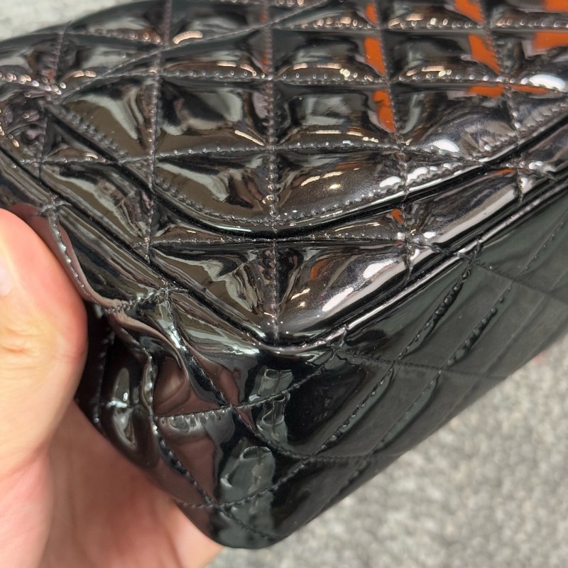 Chanel 香奈兒 黑銀漆皮方胖子肩背包斜背包-12